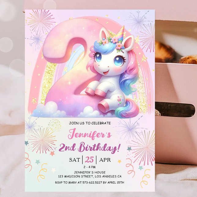 Invitation Girls Unicorn Magical Rainbow 2nd Birthday Party (#UnicornBirthdayInvitation #UnicornBirthdayInvitationTemplate #UnicornBirthdayInvitationEditable 
)