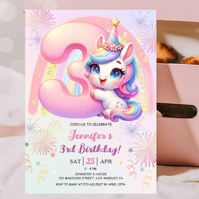 Invitation Girls Unicorn Magical Rainbow 3ème fête d'annivers (#UnicornBirthdayInvitation #UnicornBirthdayInvitationTemplate #UnicornBirthdayInvitationEditable 

)