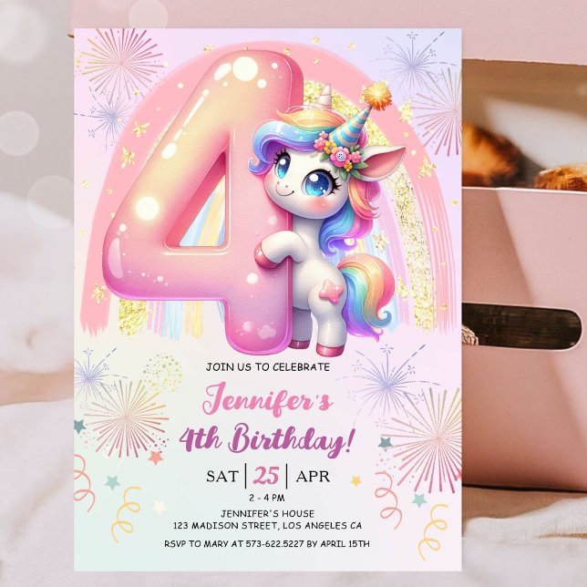 Invitation Girls Unicorn Magical Rainbow 4th Birthday Party (
#UnicornBirthdayInvitation #UnicornBirthdayInvitationTemplate #UnicornBirthdayInvitationEditable )
