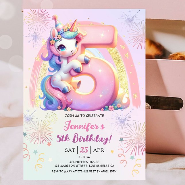 Invitation Girls Unicorn Magical Rainbow 5th Birthday Party (#UnicornBirthdayInvitation #UnicornBirthdayInvitationTemplate #UnicornBirthdayInvitationEditable)