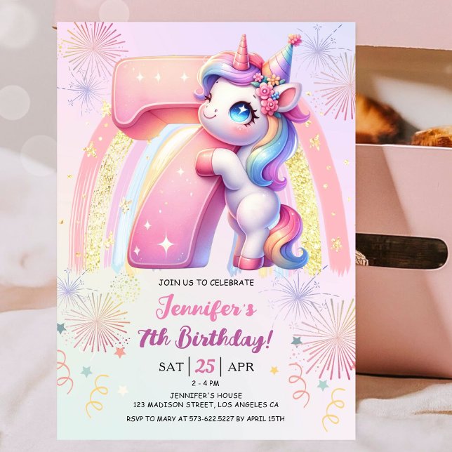 Invitation Girls Unicorn Magical Rainbow 7th Birthday Party (#UnicornBirthdayInvitation #UnicornBirthdayInvitationTemplate #UnicornBirthdayInvitationEditable )