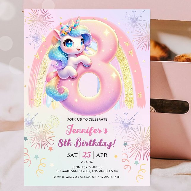 Invitation Girls Unicorn Magical Rainbow 8th Birthday Party (#UnicornBirthdayInvitation #UnicornBirthdayInvitationTemplate #UnicornBirthdayInvitationEditable)