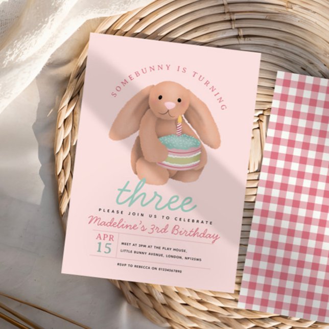 Invitation Girls Whimsical Cute Pink Bunny and Cake Birthday  (Créateur téléchargé)