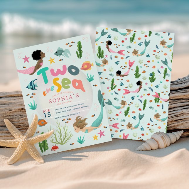 Invitation Girls Whimsical Mermaid Two The Sea 2nd Birthday (Créateur téléchargé)