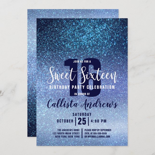 Invitation Girly Aqua Baby Blue Triple Parties scintillant Om (Devant / Derrière)