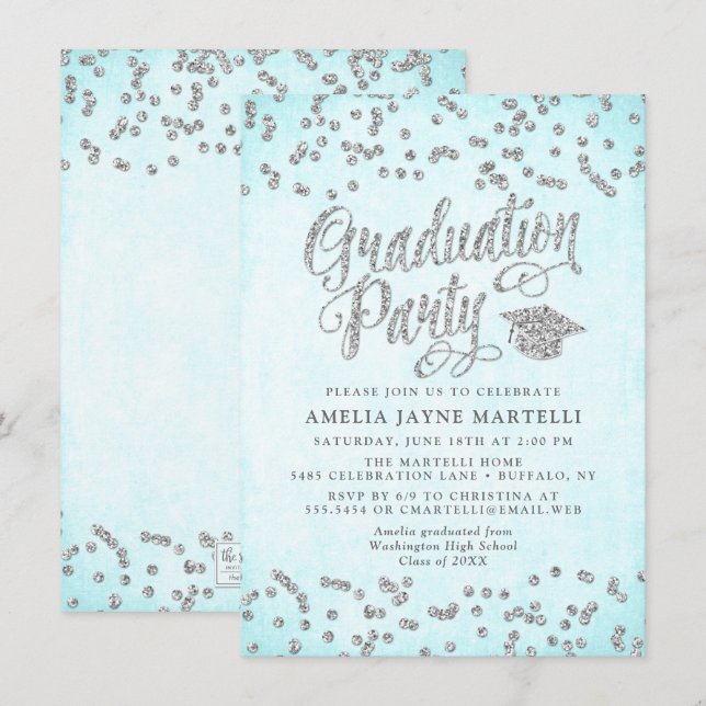 Invitation Girly Aqua Blue Silver Parties scintillant Graduat (Devant / Derrière)