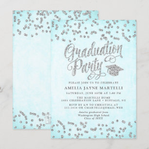 Invitation Girly Aqua Blue Silver Parties scintillant Graduat