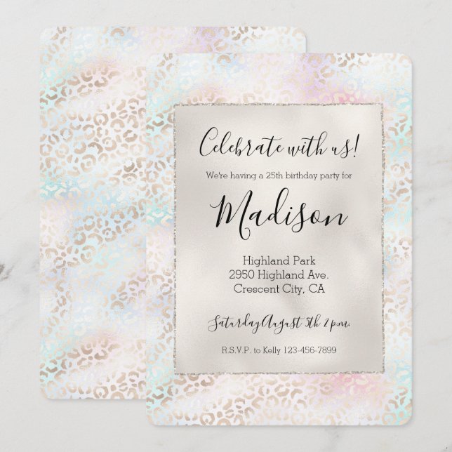 Invitation Girly Aqua Blush Empreinte de léopard or rose (Devant / Derrière)