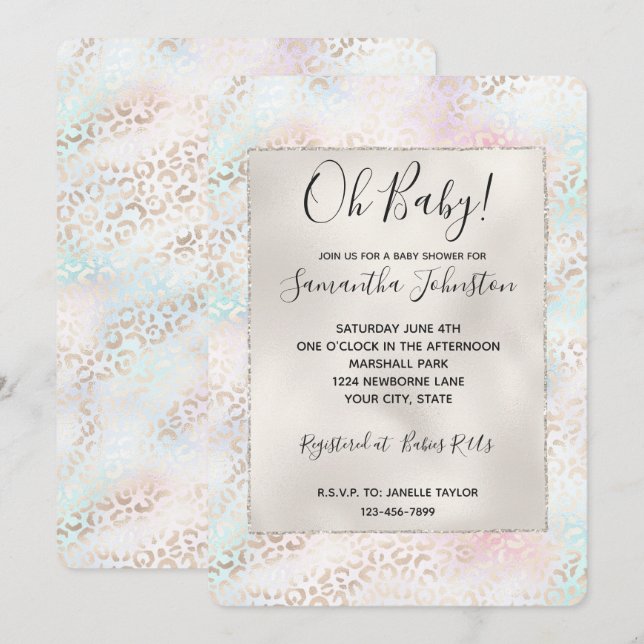 Invitation Girly Aqua Blush Empreinte de léopard or rose (Devant / Derrière)