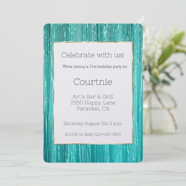 Invitation Girly Aqua Mint Tinsel Stripes Gold 21st Birthday (Debout devant)