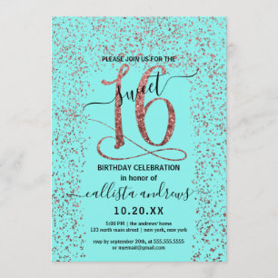 Invitation Girly Aqua Rose Gold Confetti Border Sweet 16