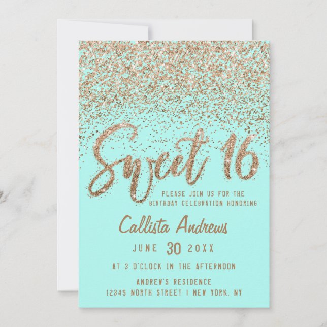 Invitation Girly Aqua Turquoise or parsemé Parties scintillan (Devant)