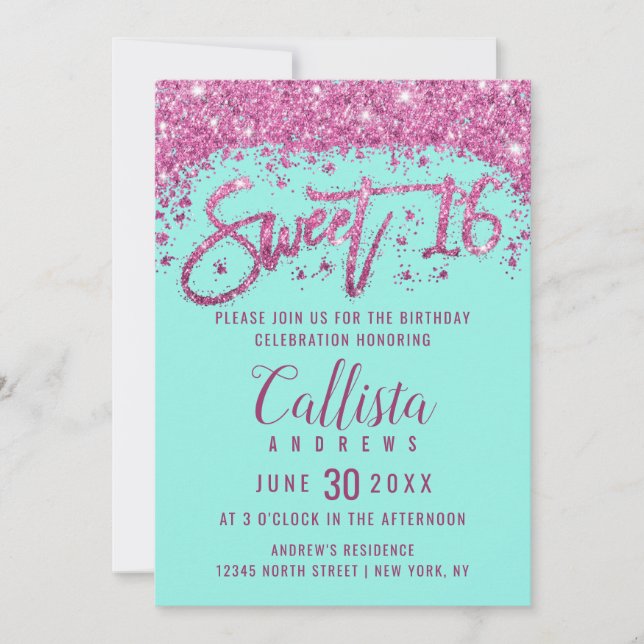 Invitation Girly Aqua Turquoise rose clair Parties scintillan (Devant)