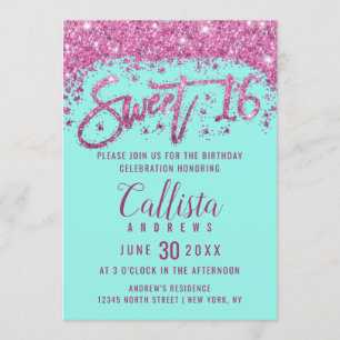 Invitation Girly Aqua Turquoise rose clair Parties scintillan