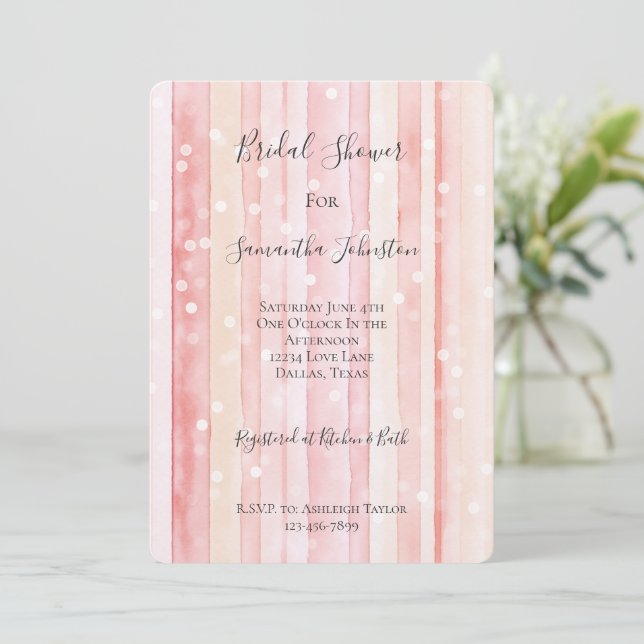 Invitation Girly Blush Pink Stripes White Dots Bridal Shower (Debout devant)