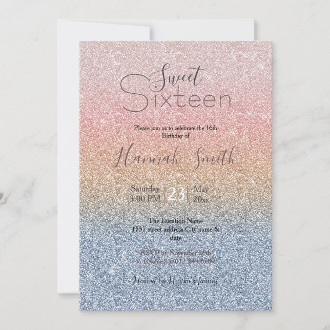 Invitation Girly Blush Rose Gold Blue ombre (Devant)