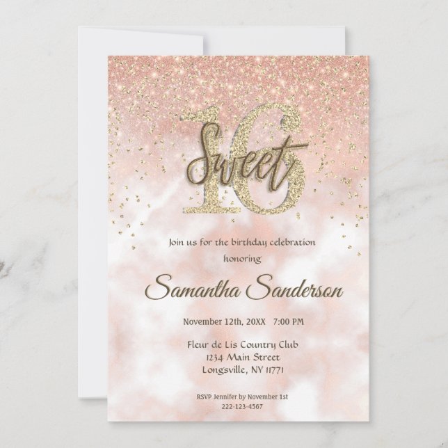 Invitation Girly Blush Rose Gold Pailleté Paillettes Sweet 16 (Devant)