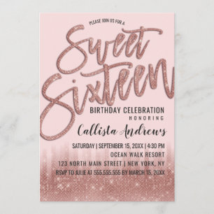 Invitation Girly Blush Rose Gold Parties scintillant Typograp