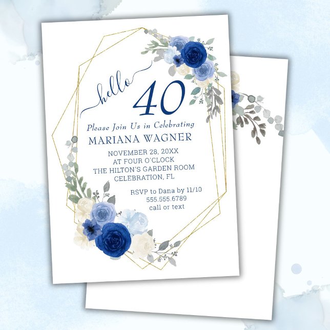 Invitation Girly Chic Bleu Marine Floral 40e Anniversaire (Créateur téléchargé)