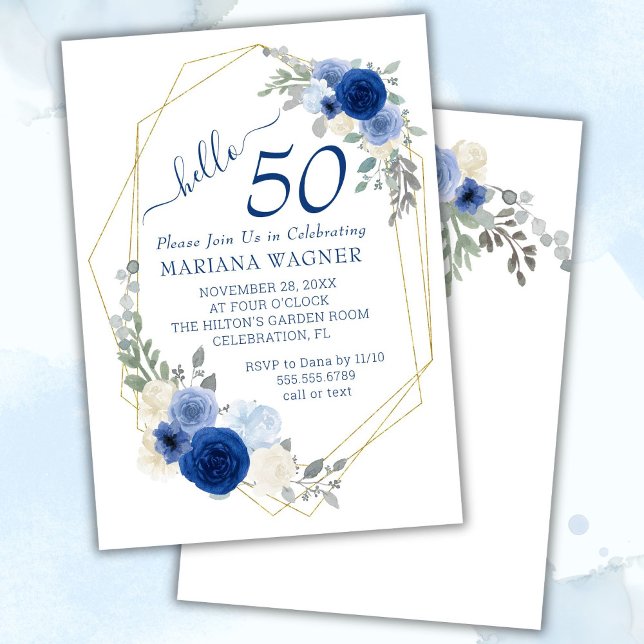 Invitation Girly Chic Bleu Marine Floral 50e Anniversaire (Créateur téléchargé)