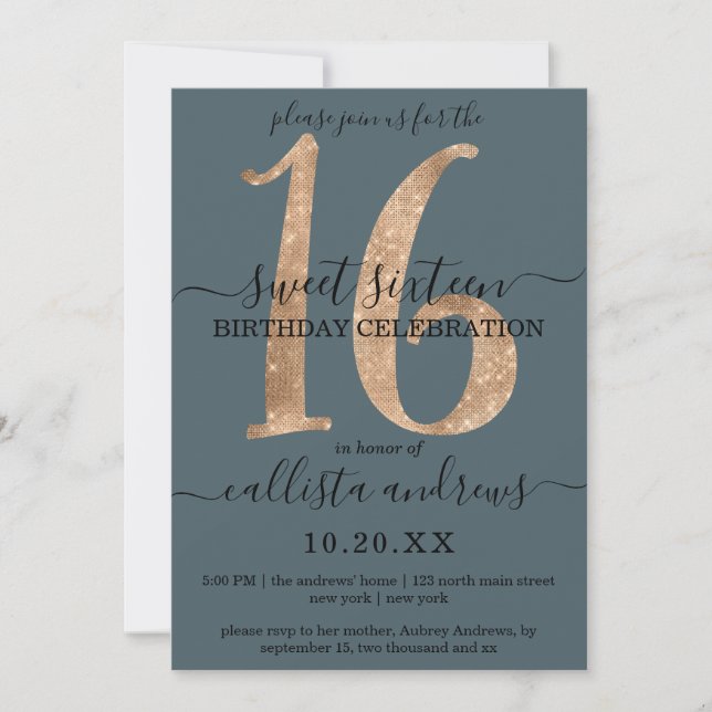 Invitation Girly Chic Faux Gold Parties scintillant Dusty Blu (Devant)