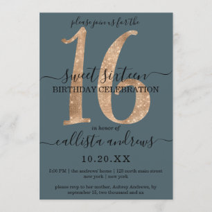 Invitation Girly Chic Faux Gold Parties scintillant Dusty Blu