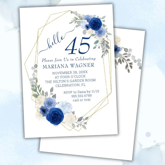 Invitation Girly Chic Navy Blue Floral 45e anniversaire (Créateur téléchargé)