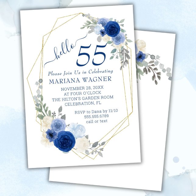 Invitation Girly Chic Navy Blue Floral 55e anniversaire (Créateur téléchargé)