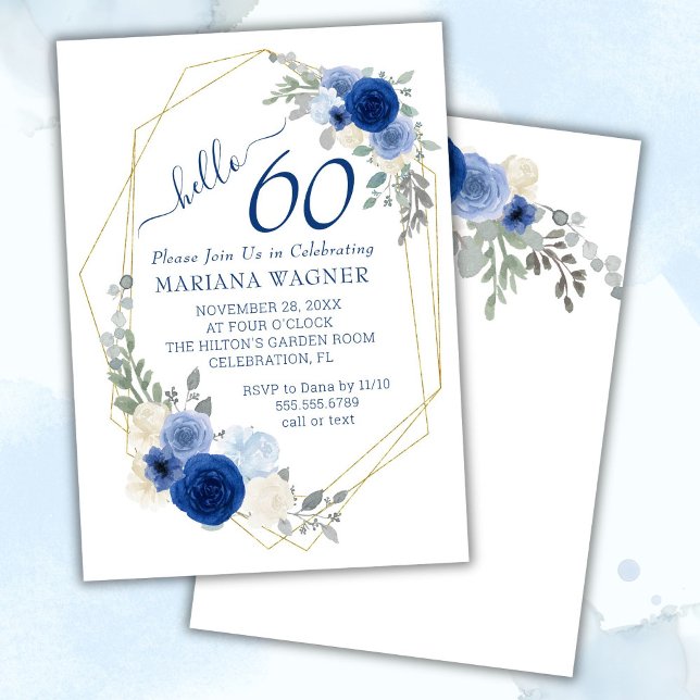 Invitation Girly Chic Navy Blue Floral 60e anniversaire (Créateur téléchargé)