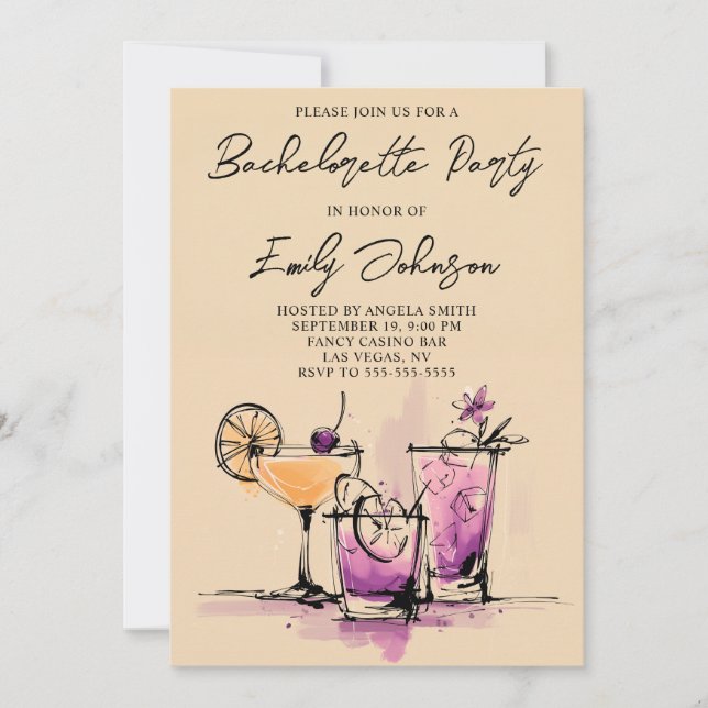 Invitation Girly Cocktails Illustration Bachelorette Party (Devant)
