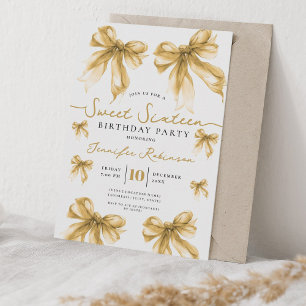 Invitation Girly Coquette Bow Sweet 16 Fête d'anniversaire Or