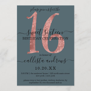 Invitation Girly Faux Rose Gold Dusty Blue Parties scintillan