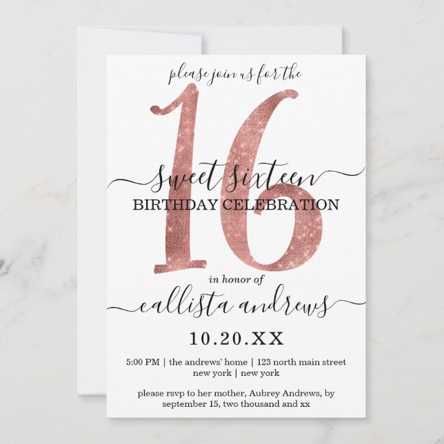 Invitation Girly Faux Rose Gold WhiteGlitter Sweet 16 (Devant)