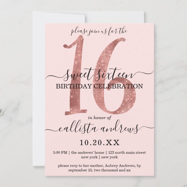 Invitation Girly Faux Rose Or Blush Parties scintillant rose  (Devant)
