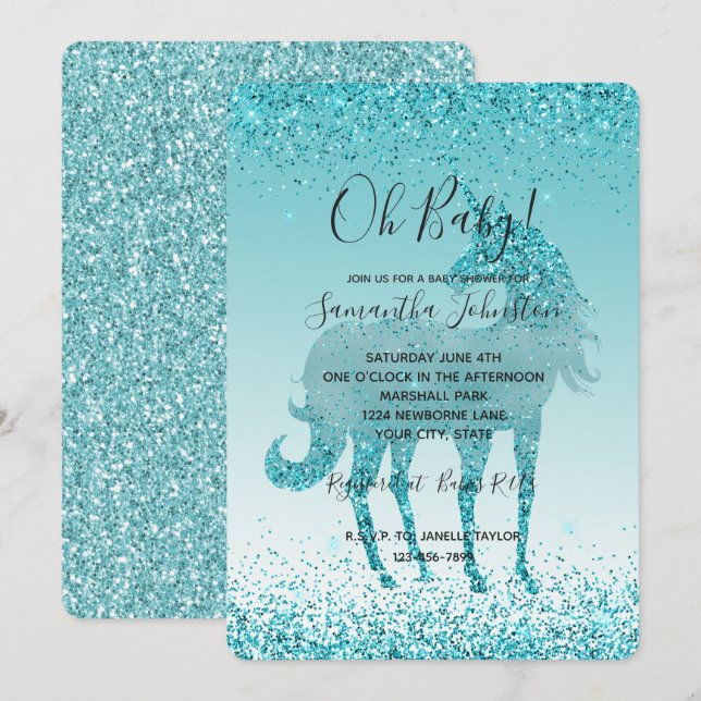 Invitation Girly Glitz Aqua Turquoise Parties scintillant Uni (Devant / Derrière)