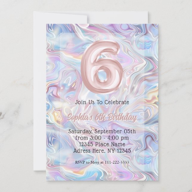 Invitation Girly Holographic Marble Swirl 6e anniversaire (Devant)
