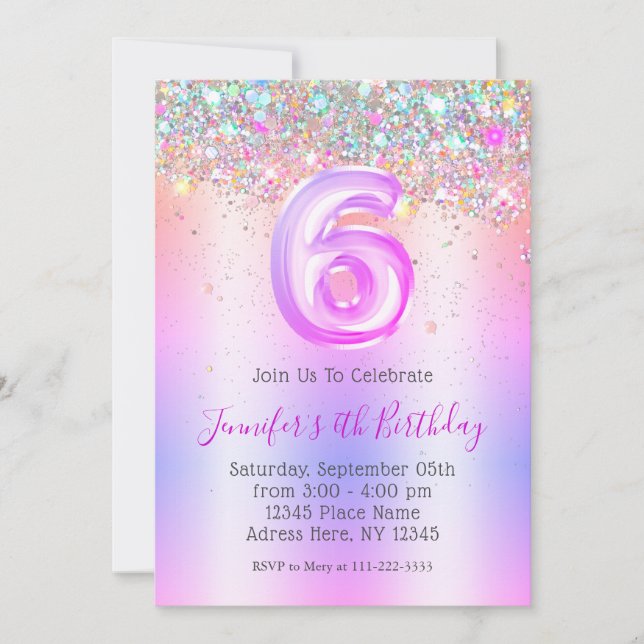 Invitation Girly Holographic Parties scintillant 6e Anniversa (Devant)