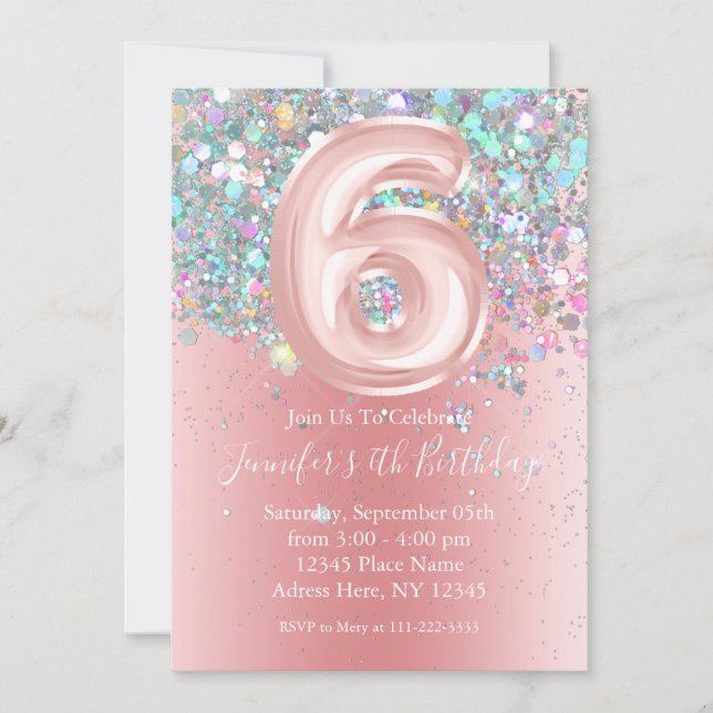 Invitation Girly Holographic Parties scintillant 6e Anniversa (Devant)