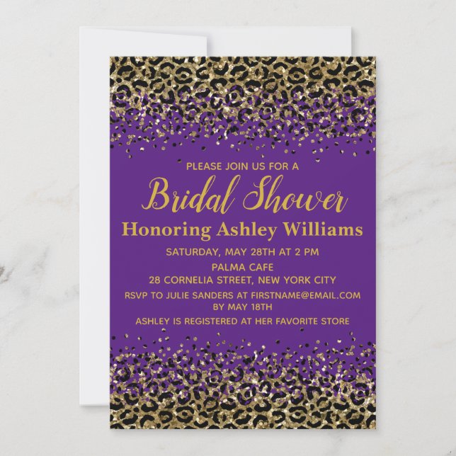 Invitation Girly Leopard Purple Gold Customisée Fête des mari (Devant)