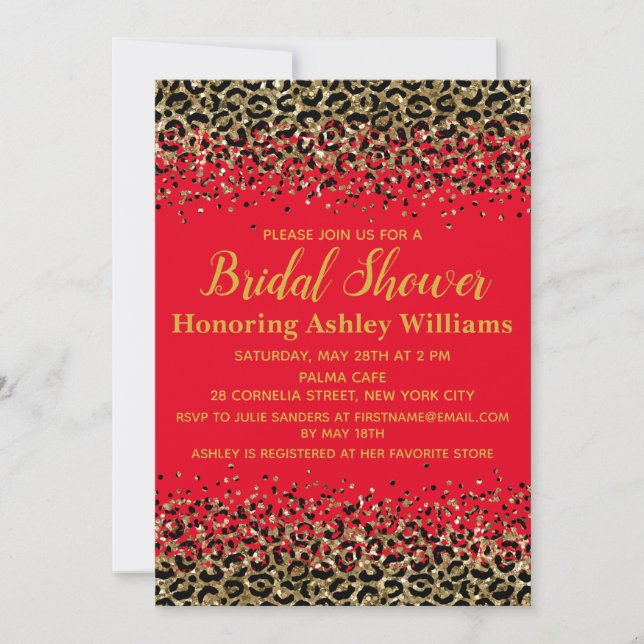 Invitation Girly Leopard Red & Gold Customisée Fête des marié (Devant)