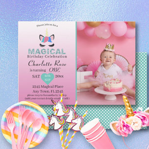 Invitation Girly Magic Unicorn rose 1er anniversaire