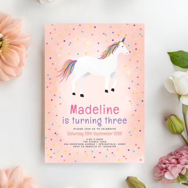 Invitation Girly Magical Cute Pink Unicorn Kids Birthday (Créateur téléchargé)