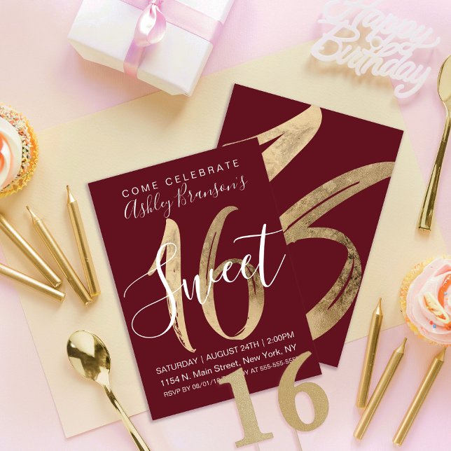 Invitation Girly Modern Gold Foil Bourgogne Red Sweet 16 (Créateur téléchargé)