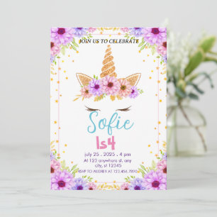 Invitation Girly Pastel Unicorn Magique Anniversaire