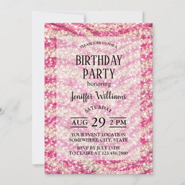 Invitation Girly Pink Blush Glitter Zebra Pattern             (Devant)