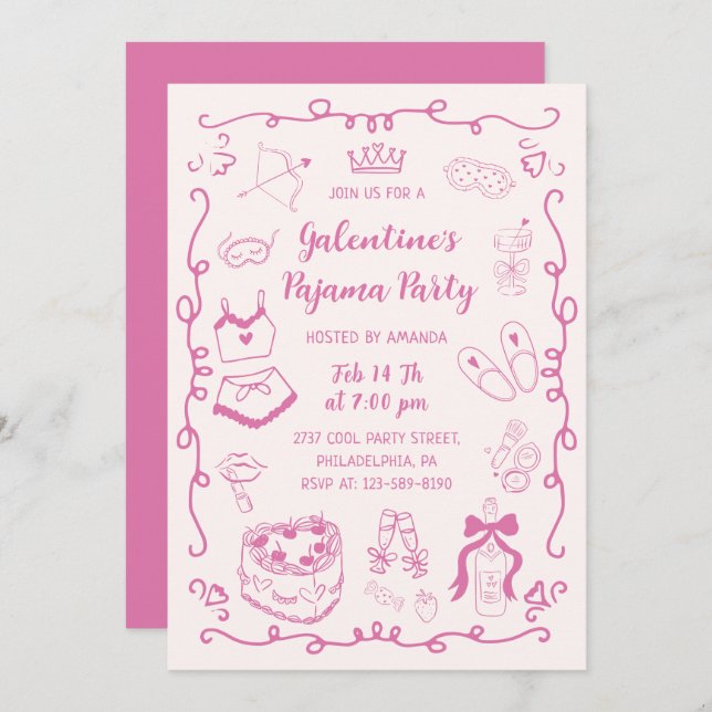 Invitation Girly Pink Hand Drawn Galentine's Pajama Party (Devant / Derrière)