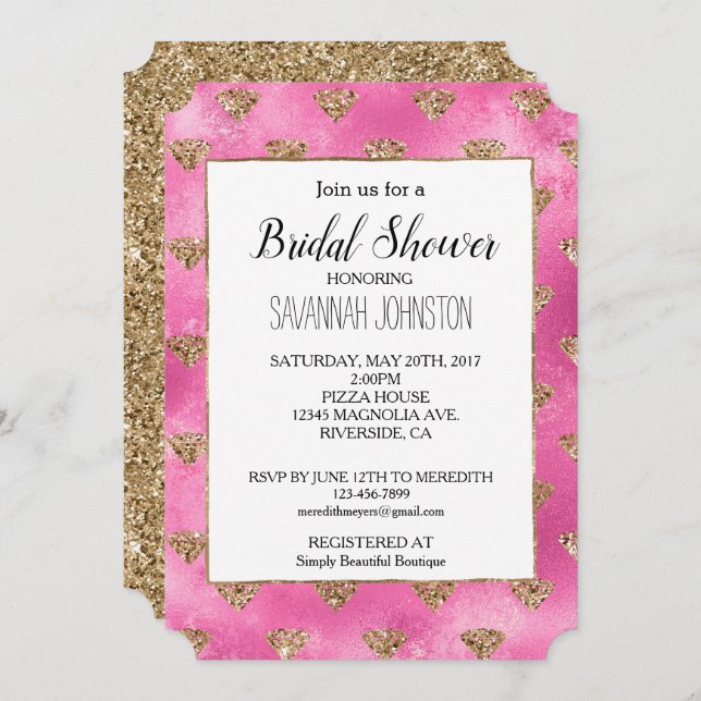 Invitation Girly Pink Parties scintillant Diamonds (Devant / Derrière)