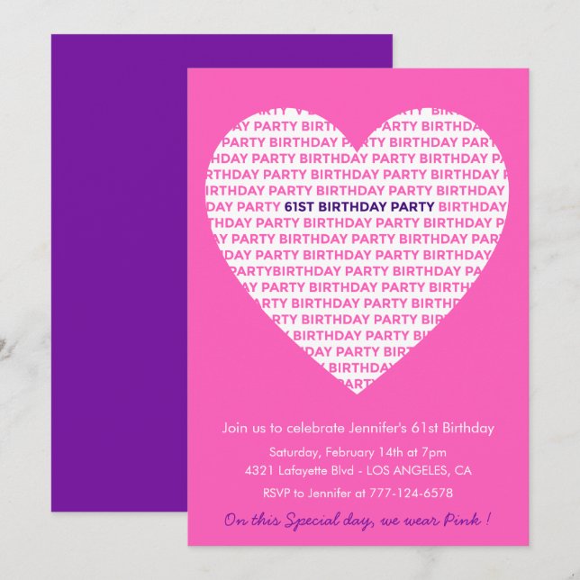 Invitation girly pour 61e anniversaire Fille Cœur  (Devant / Derrière)