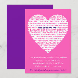 Invitation girly pour 74e anniversaire Fille Cœur 