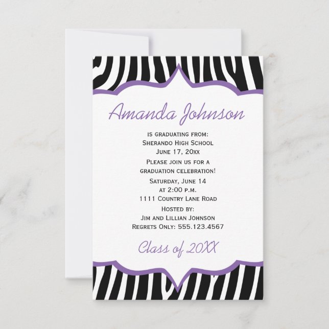 Invitation Girly Purple et Zebra Print Graduation Party (Devant)